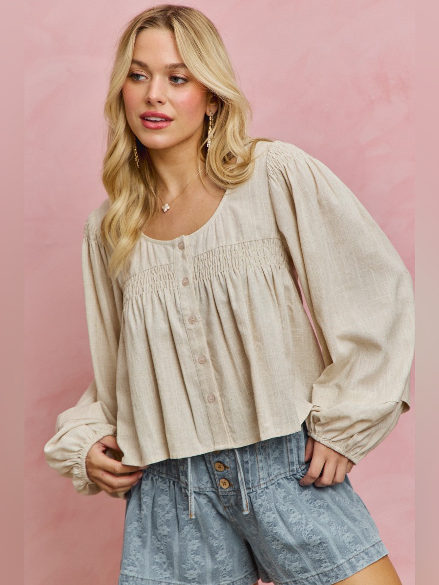 So Me Linen Blend Woven Long Sleeve With Smocking Top